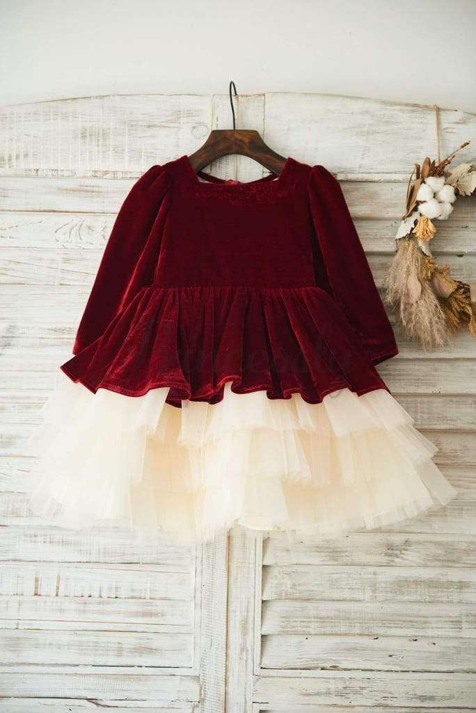 Slider Lifestyle Occasionwear Red Velvet Champagne Tulle Wedding Party Flower Girl Dress with Long Sleeves